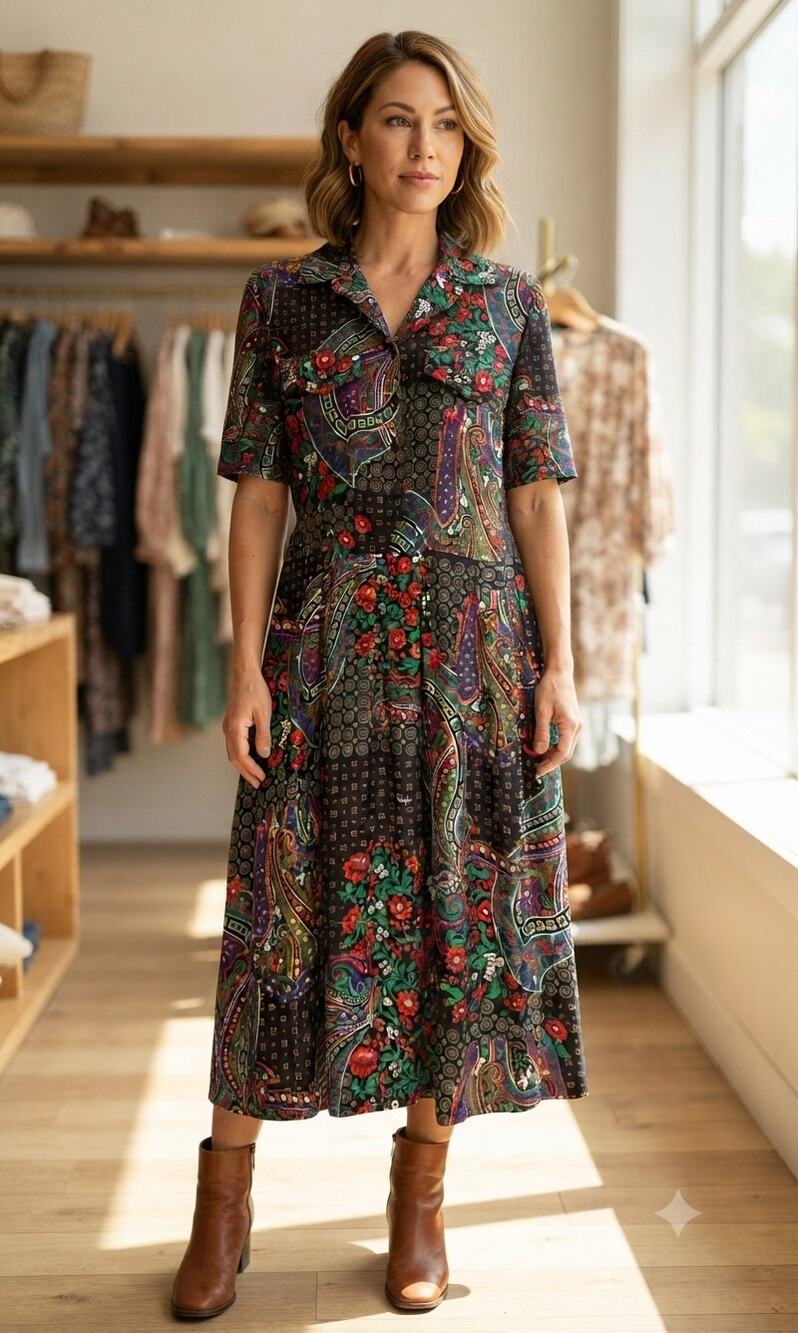Vintage 90s Leslie Fay Midi Dress 10P Black Paisley Print Maximalist Eclectic - Picture 1 of 5